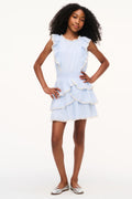 Light blue tween cotton decker dress with layered ruffle hem and cap sleeves