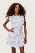 Tween girls sleeveless ruffle dress in light blue with small print, tiered layers