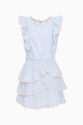 Light blue tween cotton decker dress with layered ruffle tiers and cap sleeves