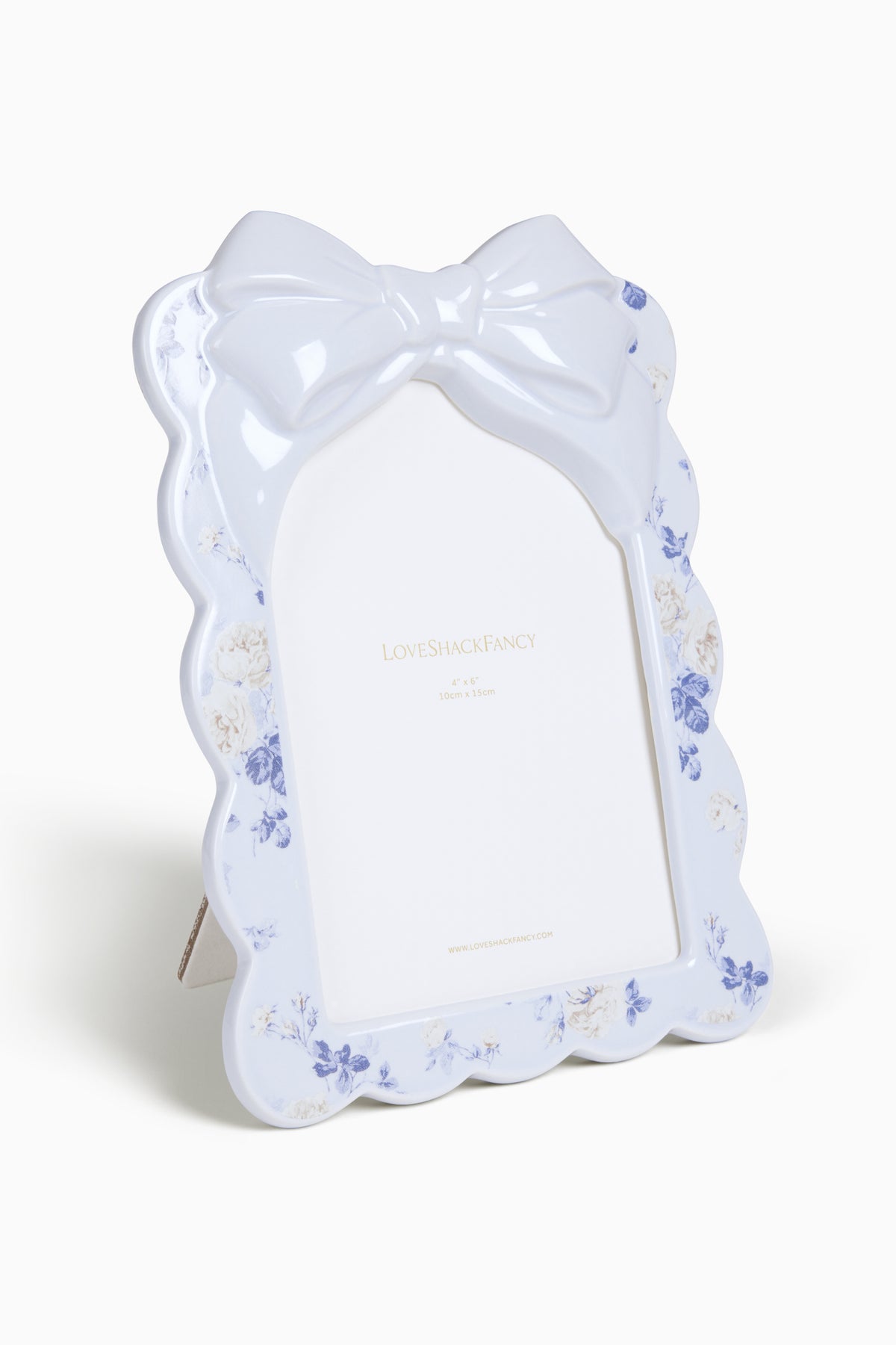 Boheme decorative bow photo frame, white with blue floral trim and large bow