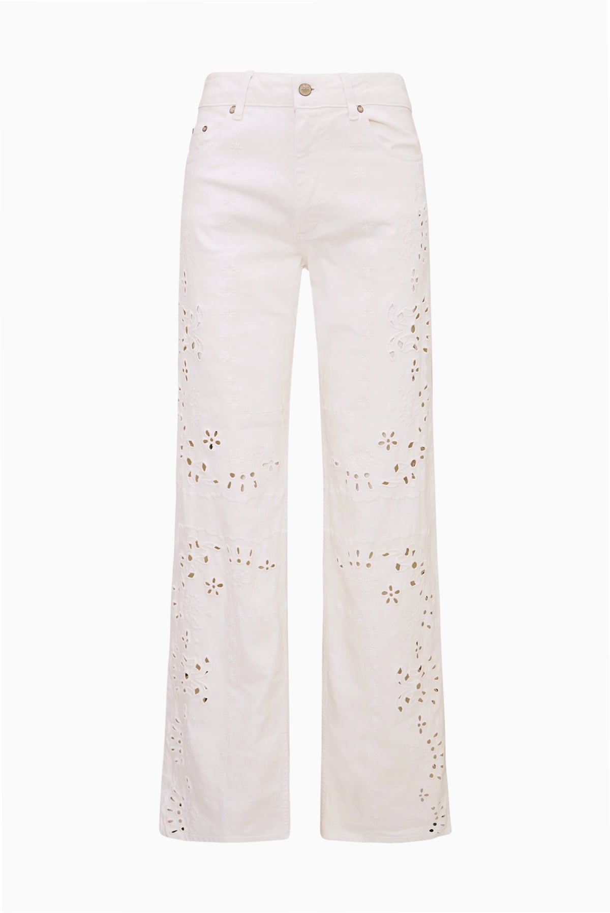 Ivory eyelet floral cutout wide-leg jeans with front button closure