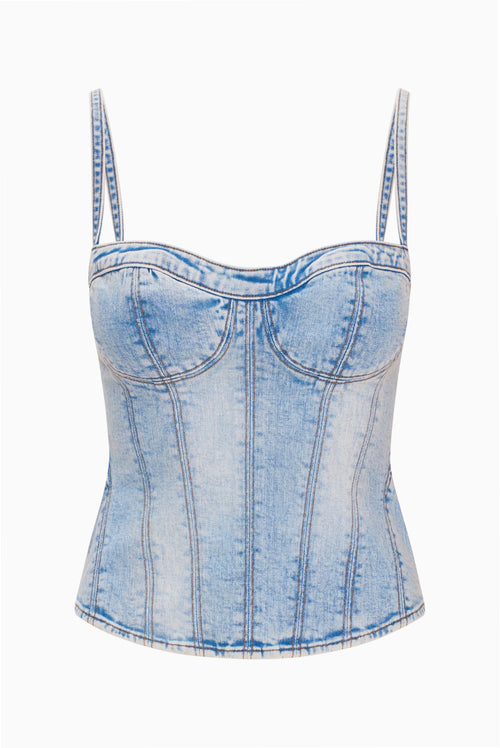 Light wash denim bustier top with sweetheart neckline and two shoulder straps