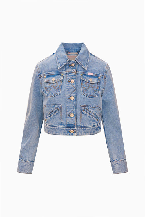 Light wash cropped denim jacket on white background, button front and chest flap pockets
