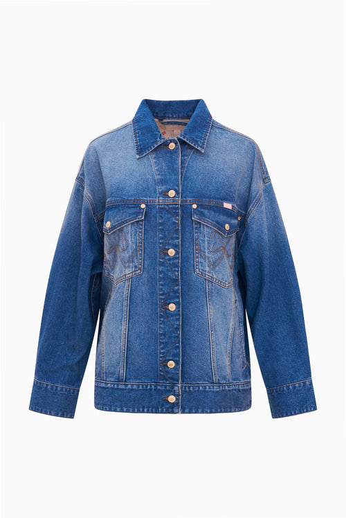 Medium-wash oversized denim jacket with point collar, button front, flap chest pockets