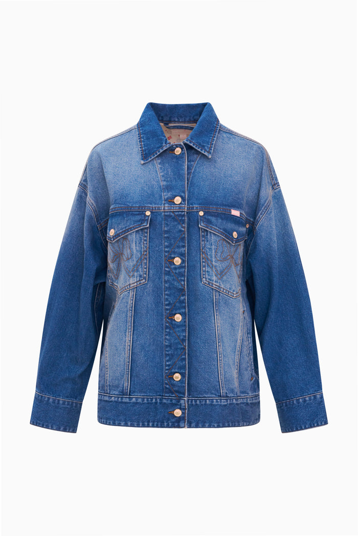 Medium-wash oversized denim jacket with point collar, button front, flap chest pockets