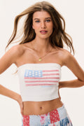 Deserae Americana tube top, strapless white knit with glittery blue star and red stripe graphic