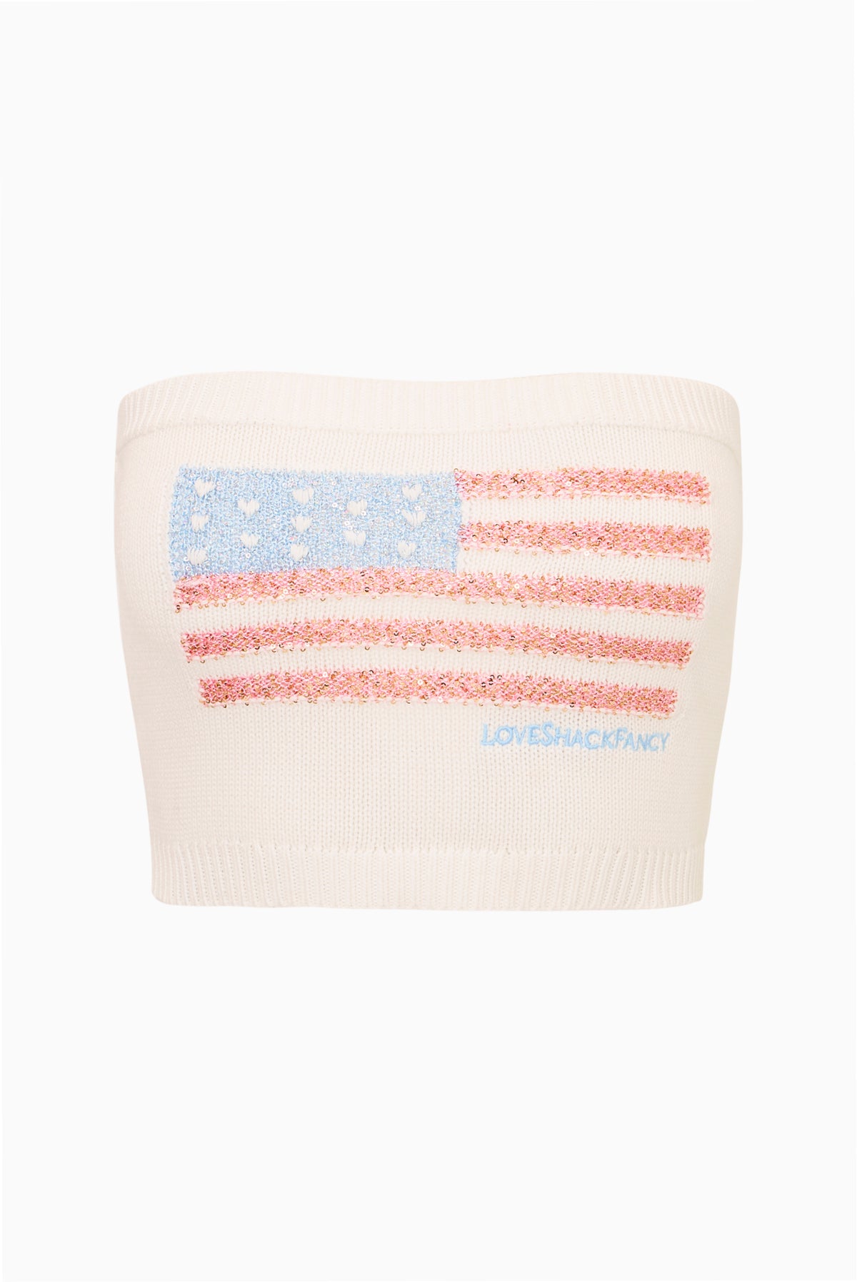 Deserae Sparkle Americana tube top, flat white knit with blue and red star-striped graphic