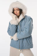 Light blue denim convertible jacket with faux fur hood and cuffs, zip front