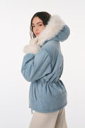 Light blue denim convertible jacket with faux fur trim, cinched waist, zip front