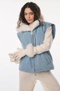Light blue denim convertible jacket with faux fur hood and trim, zip front