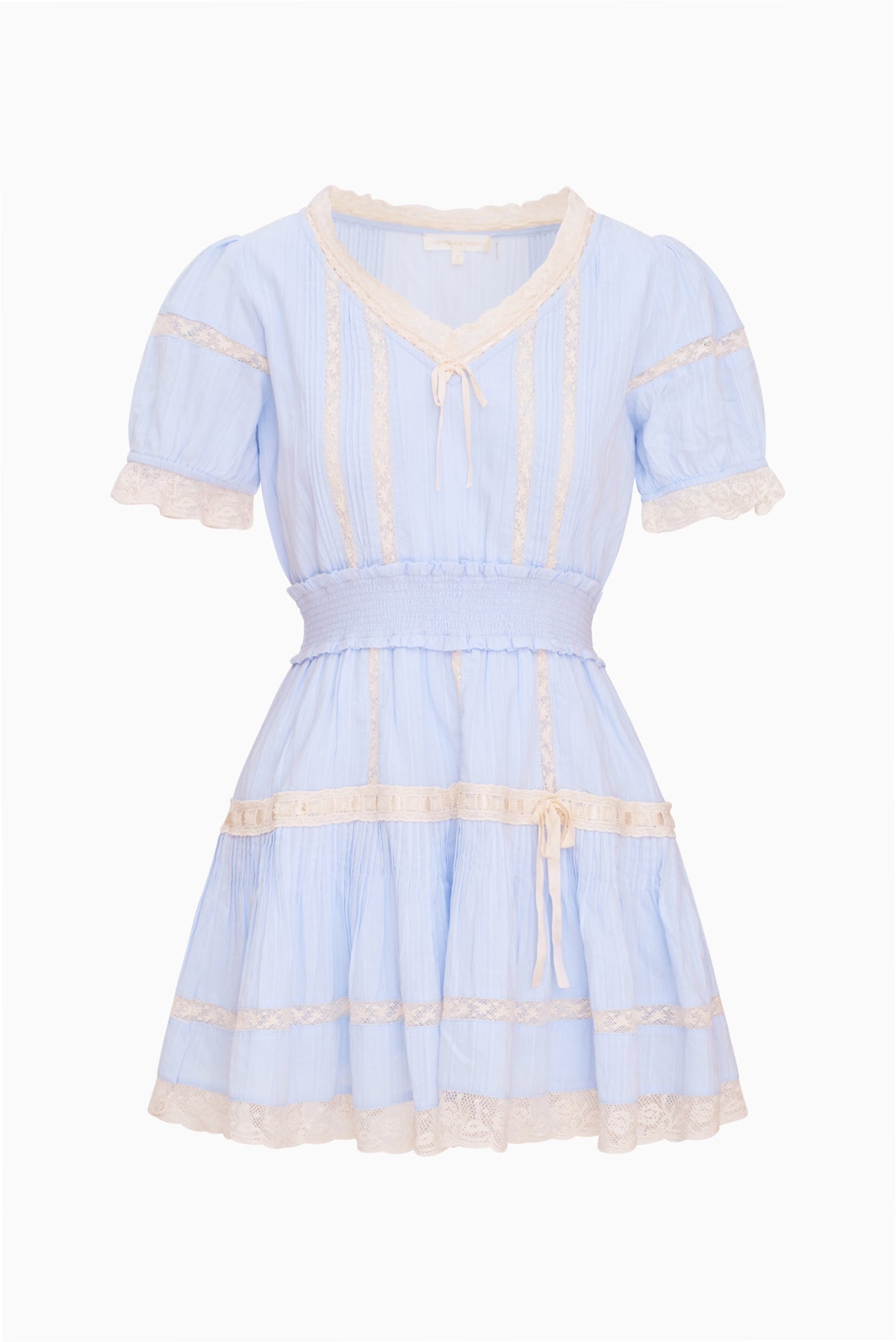 Light blue mini cotton dress, lace-trim V neckline, puff sleeves, tiered skirt