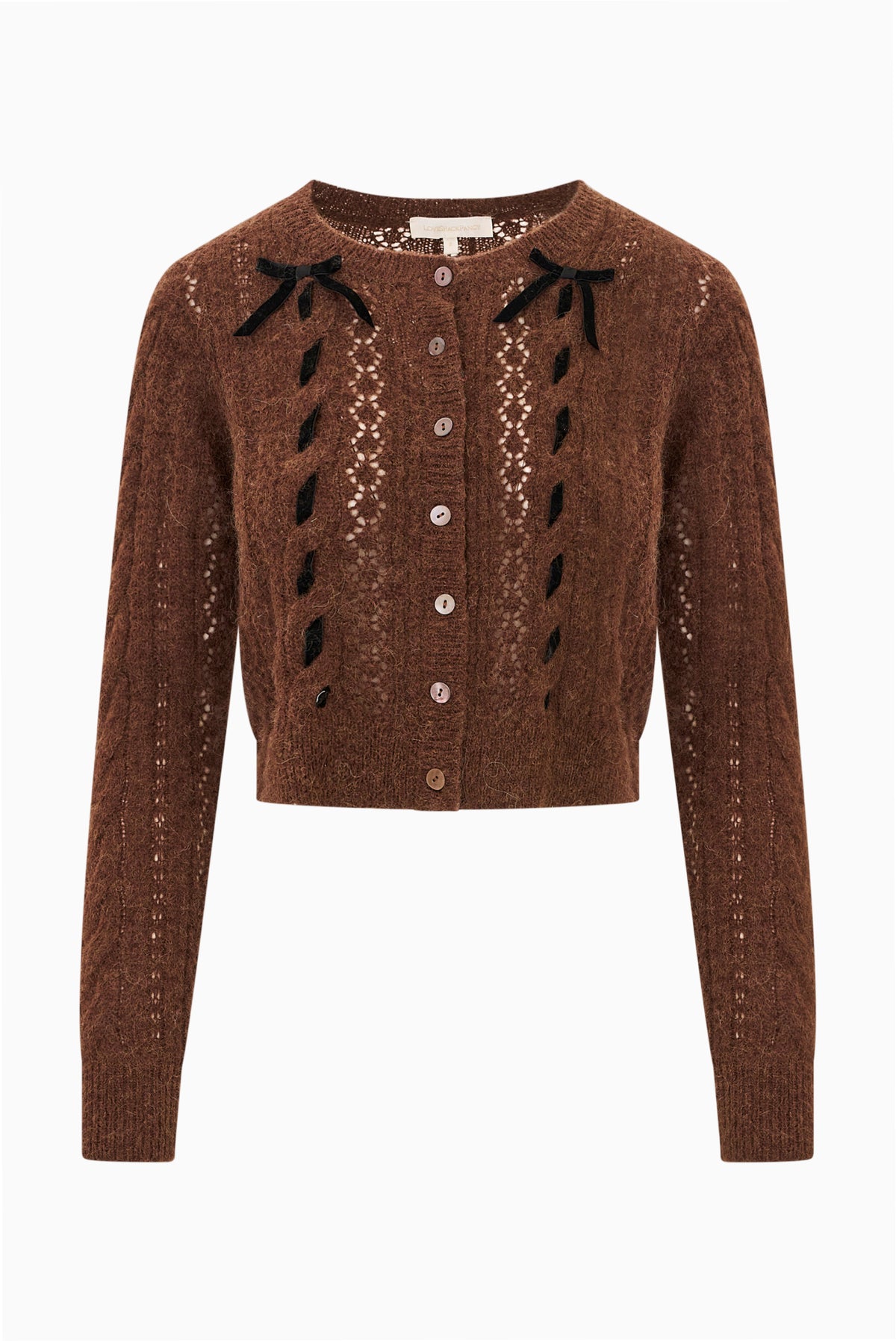 Front view: brown alpaca-blend ribbon cardigan with bows at shoulders and buttoned knit placket