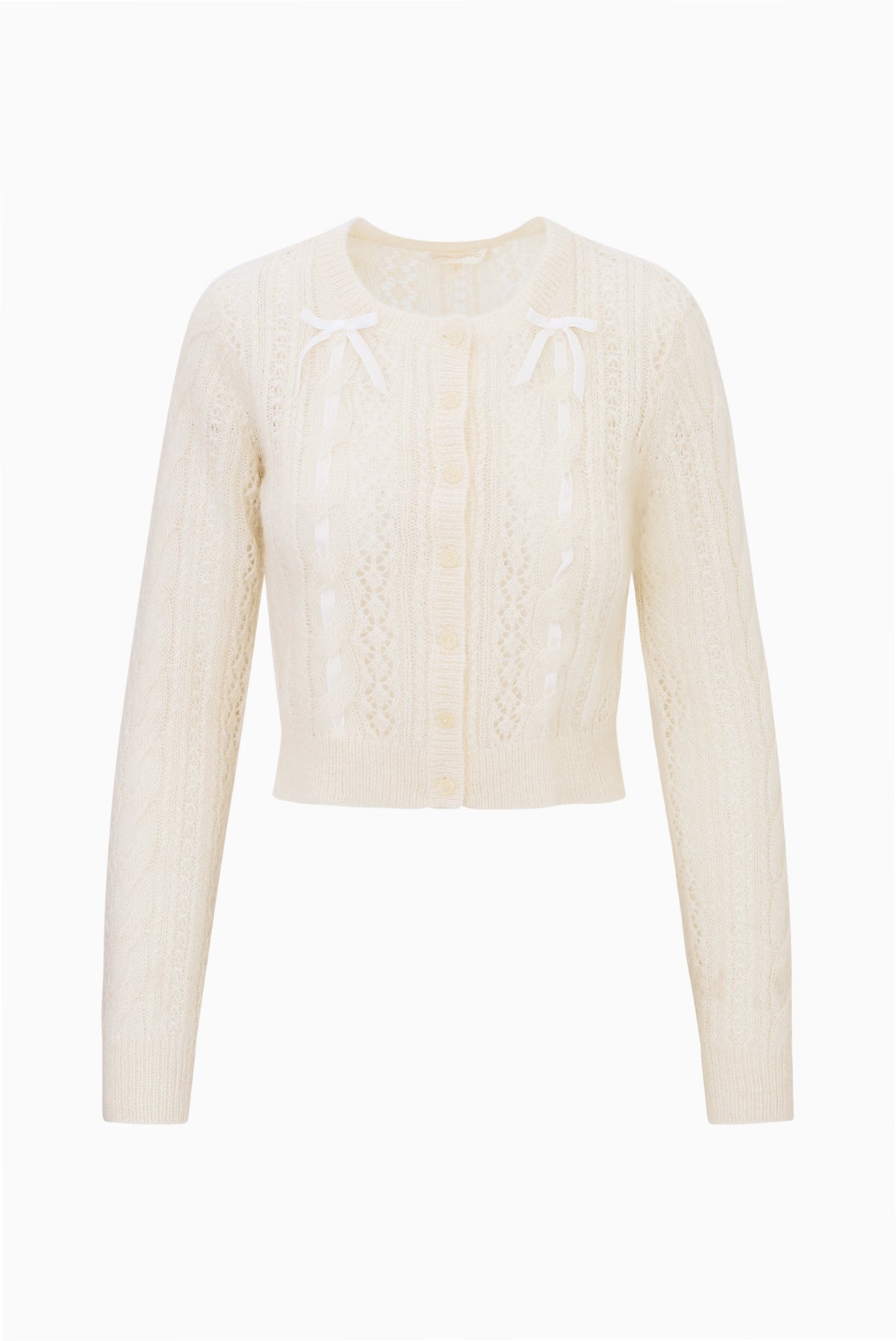 Cream alpaca-blend ribbon cardigan with button front and bow ties, long sleeves