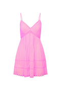 Upcycled cotton mini dress with spaghetti straps and tiered pink mesh skirt