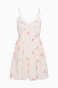 Docila upcycled cotton mini dress, white with pink print, spaghetti straps, V neckline