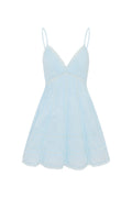 Light blue cotton mini dress with V-neck and spaghetti straps, tiered design