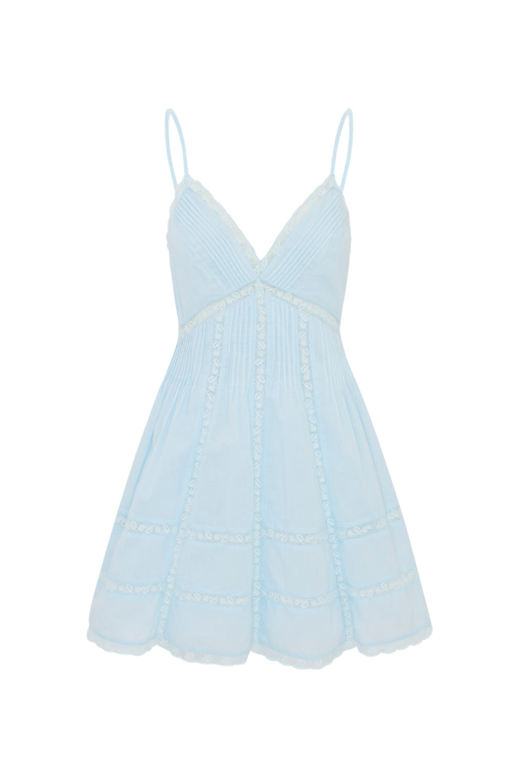 Light blue cotton mini dress with V-neck and spaghetti straps, tiered design