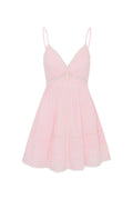 Pink cotton mini dress with V-neck and spaghetti straps, tiered skirt