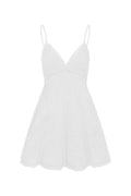 White cotton mini dress with V-neck and spaghetti straps, tiered design