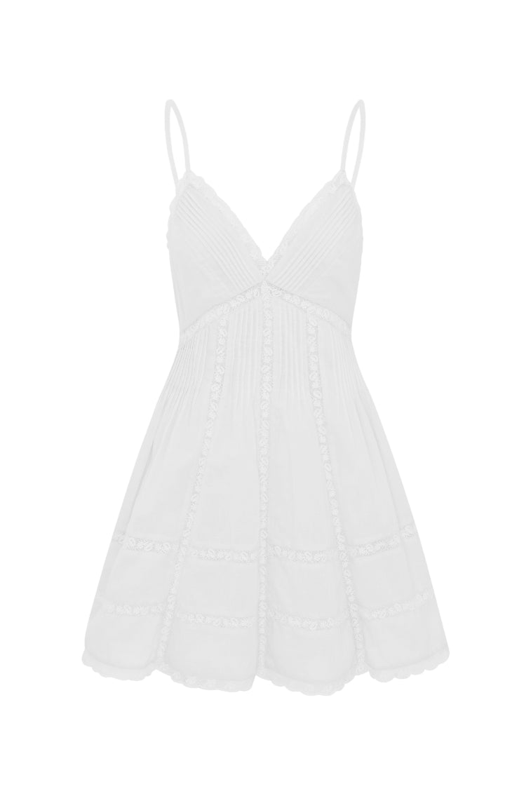White cotton mini dress with V-neck and spaghetti straps, tiered design