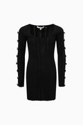 Black knit mini dress with long sleeves and lace-up cuff detail, front view