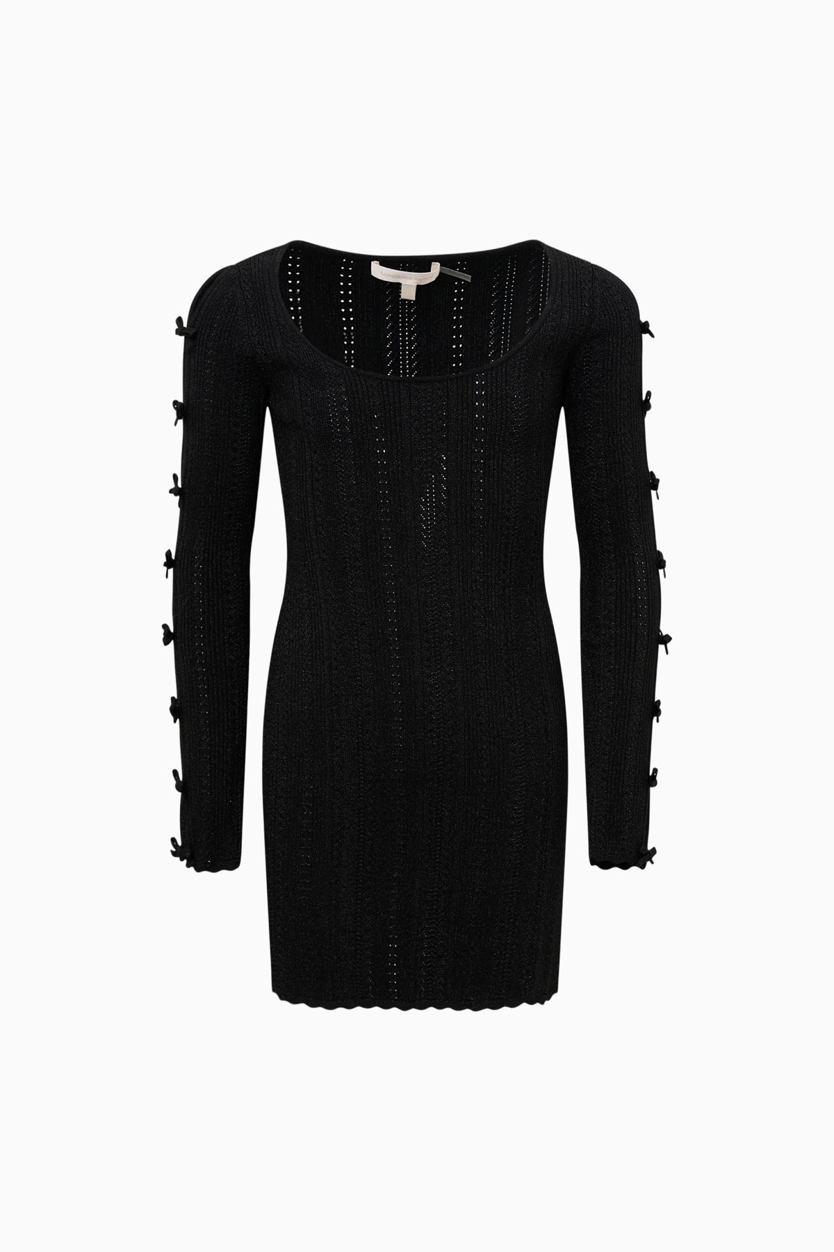 Black knit mini dress with long sleeves and lace-up cuff detail, front view