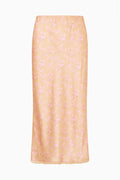 Light pink floral midi skirt with smooth waist and straight column shape