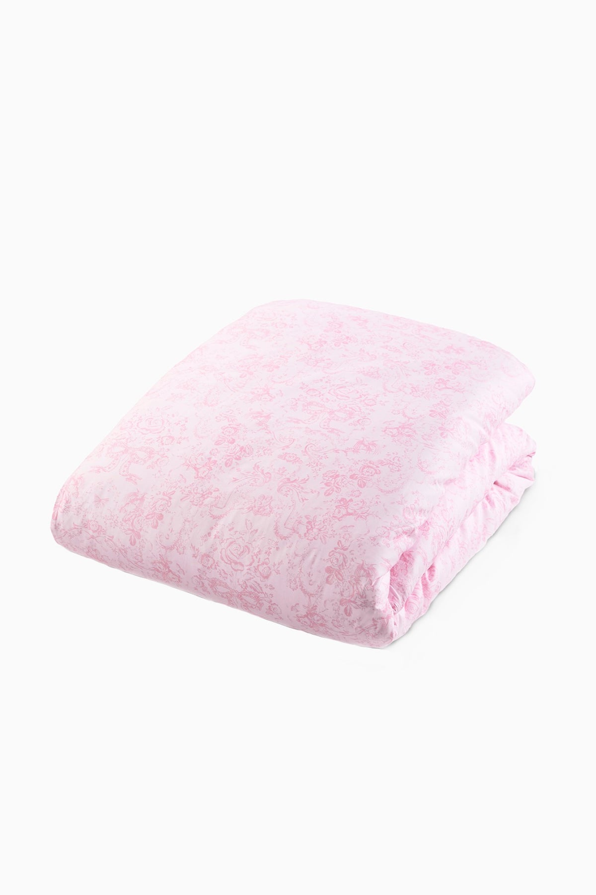 Floral duvet cover and sham set in pink with allover blossom pattern, neatly folded