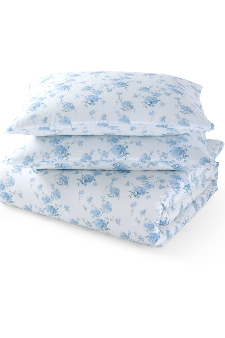 Floral duvet cover and sham set in light blue with allover small floral print
