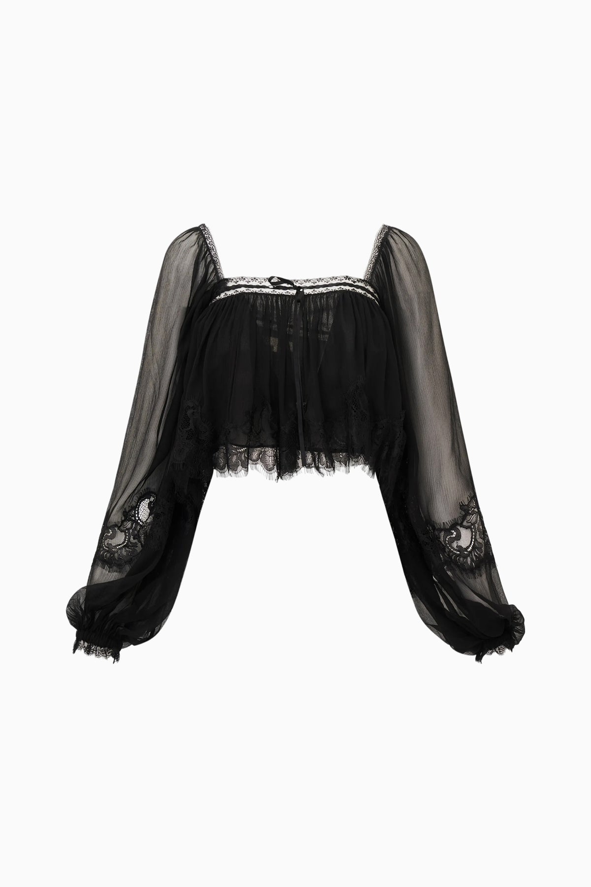 Black silk lace blouse flat lay with long sheer sleeves and lace yoke