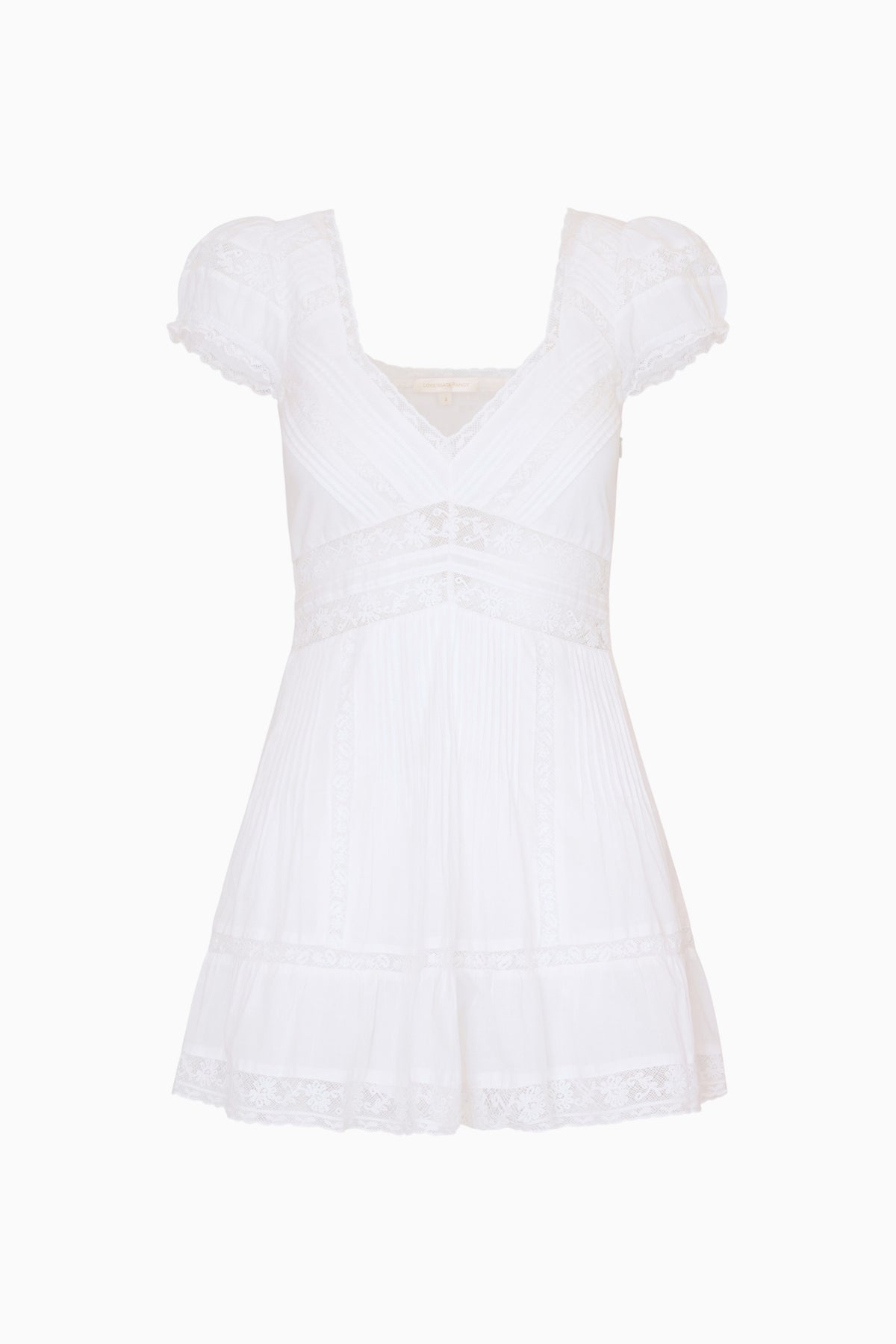 White cotton Victorian mini dress, V-neck with lace trim, puff sleeves, tiered skirt
