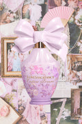 Floral eau de parfum bottle with oversized satin bow in a pink gift-themed collage