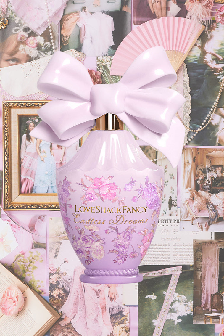Floral eau de parfum bottle with oversized satin bow in a pink gift-themed collage