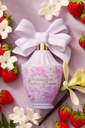 Lavender decorative perfume bottle with white bow and floral label