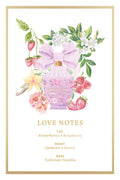 Fragrance love notes card listing strawberry, raspberry, jasmine, peony, and Tahitian vanilla