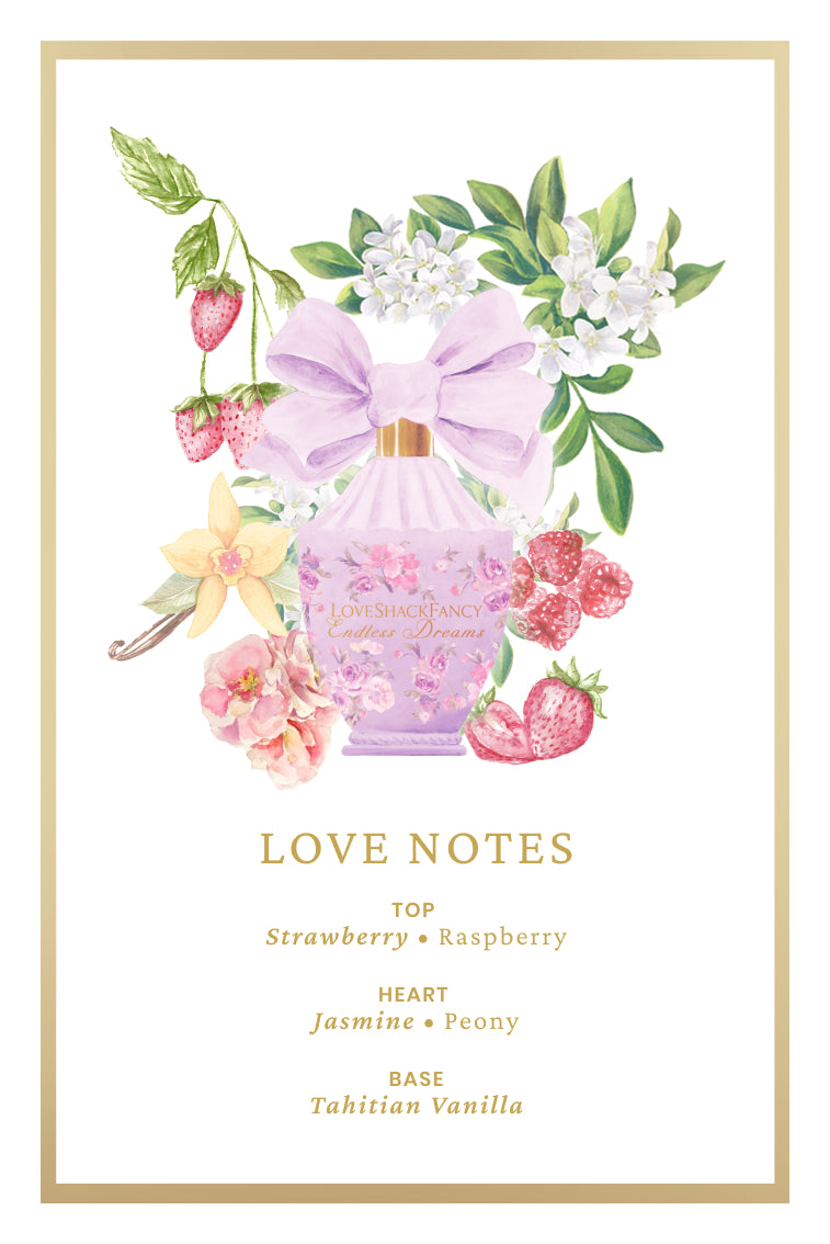 Fragrance love notes card listing strawberry, raspberry, jasmine, peony, and Tahitian vanilla
