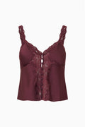 Deep plum satin cami with lace straps, lace v-neckline and lace front details, and button front closures, detail view