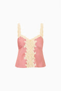 Pink satin cami top with cream lace V panel and lace-edged neckline