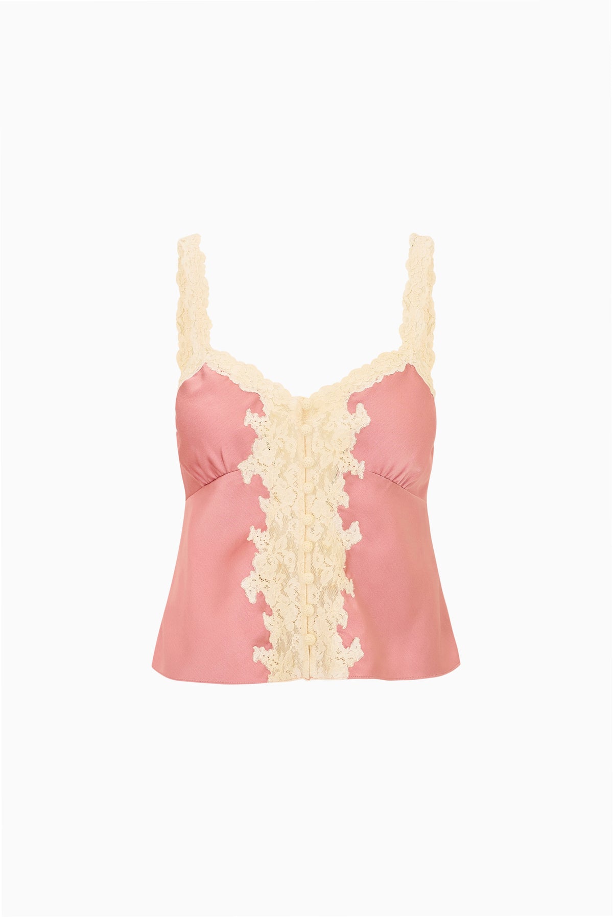 Pink satin cami top with cream lace V panel and lace-edged neckline