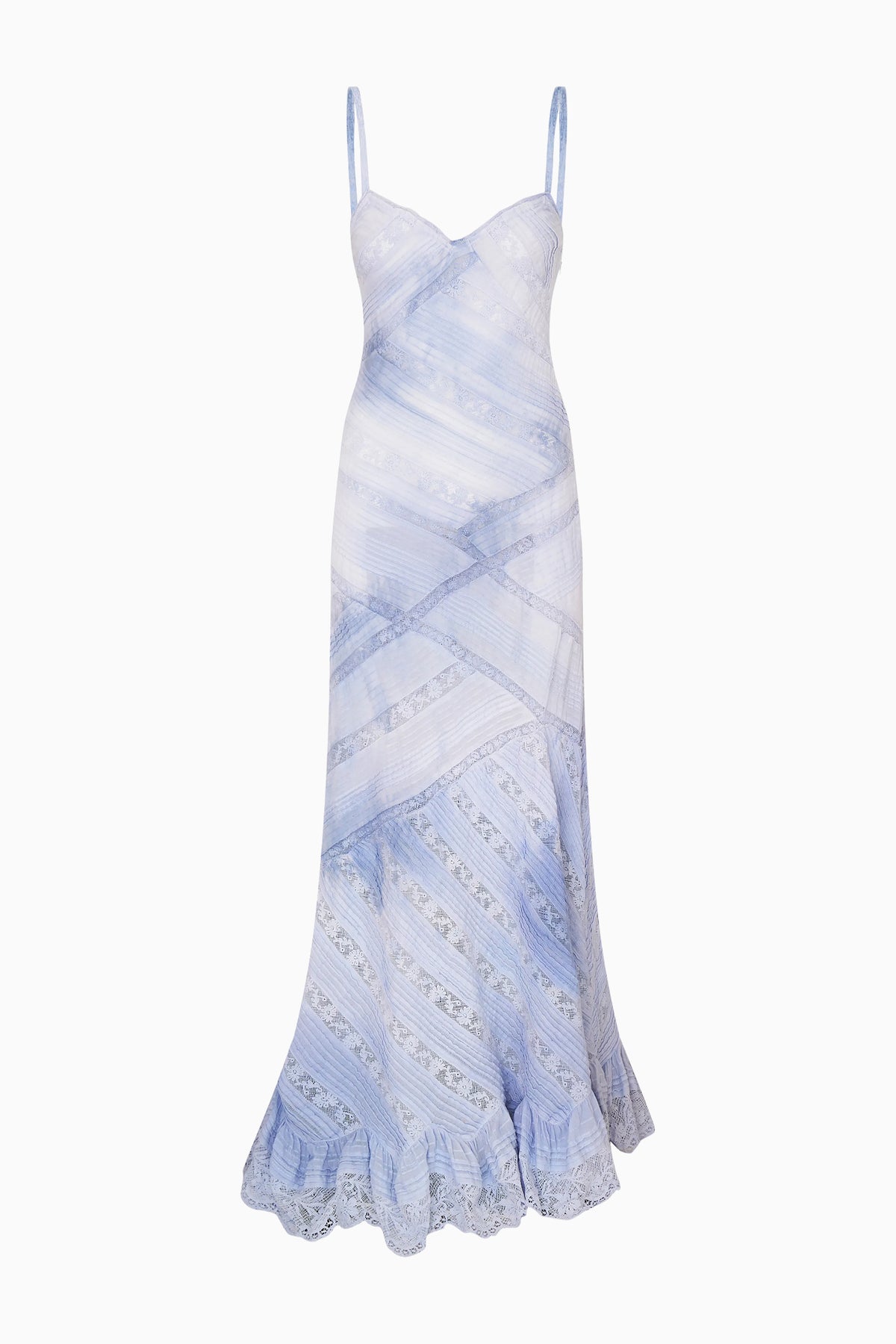 Light blue patterned maxi dress with spaghetti straps and lace-trim hem