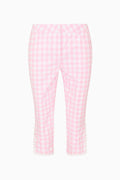 Pink gingham capri pants with button front and lace-tie cuffs