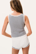 Striped sleeveless cotton tank top, racerback style with lace-trimmed armholes