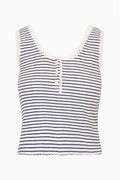 Striped cotton tank top with henley-style button placket and lace-trimmed neckline