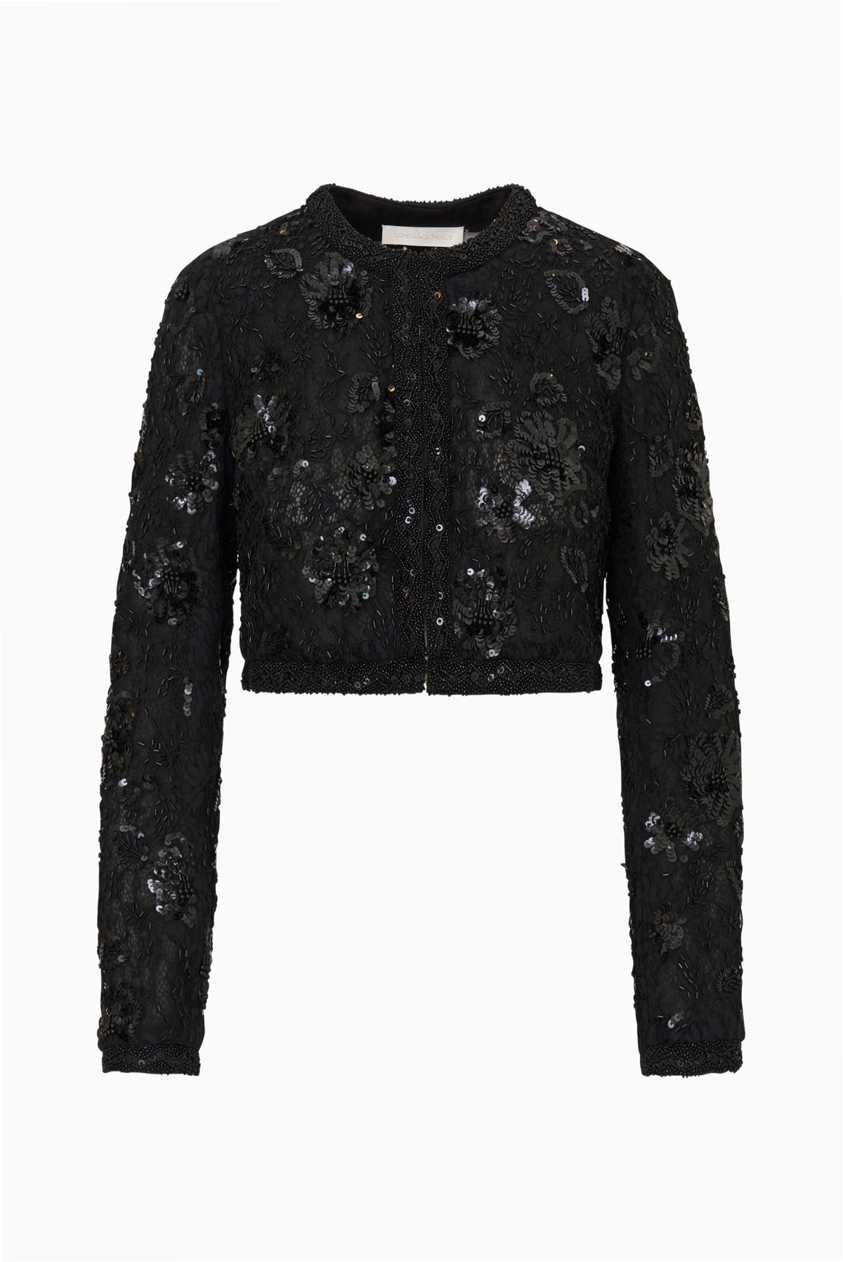Black embellished cropped jacket, studio flat lay with long sleeves and open front