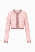 Pink lace long-sleeve jacket with open front, dark pink trim, lace trim accents and sequin embellished floral pattern, detail view