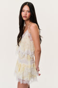 Kellison light yellow lace mini skirt, tiered ruffles and scalloped fringe trim