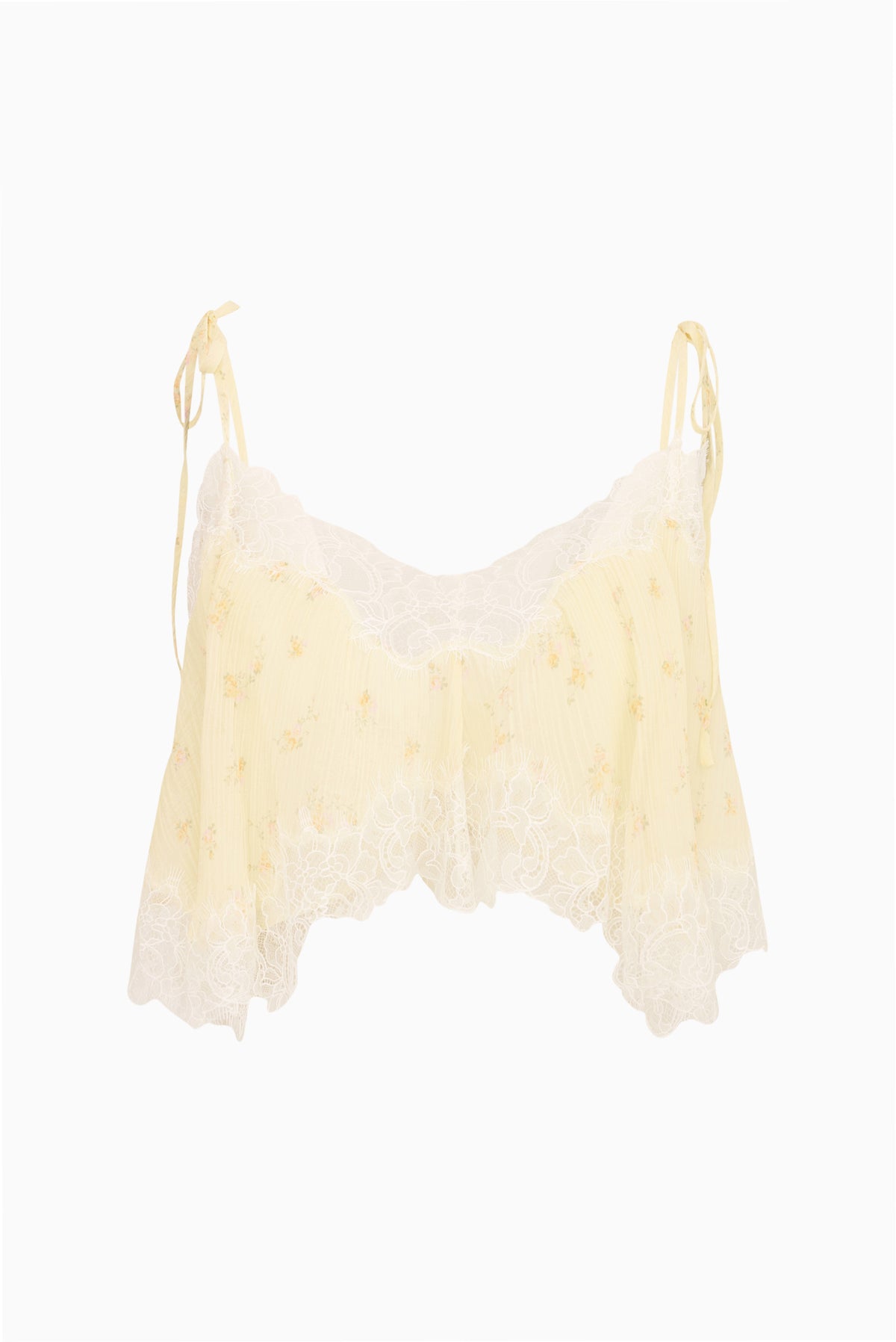 Elysia cotton-silk crop top in pale yellow with lace trim and scalloped hem