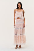 Cotton-silk lace maxi skirt in light pink with tiered sheer layers