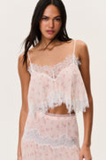 Elysia cotton-silk crop top front view, blush-pink sheer lace with ruffle hem