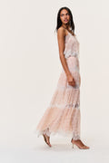 Light pink cotton-silk lace maxi skirt with tiered lace hem